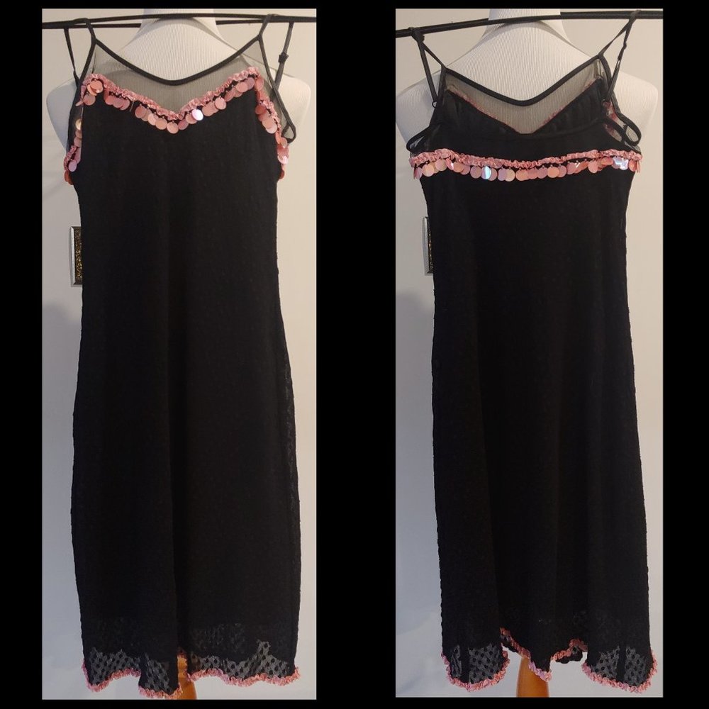 Betsey Johnson Vintage 90s Dot Net Swiss Miss Black Slip Dress